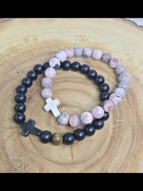 Beaded Cross Bracelet Set - Pink & Black